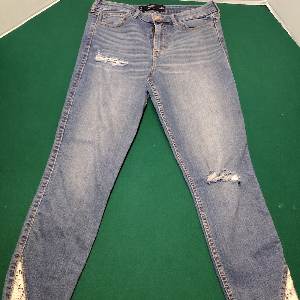 Hollister Crop High Rise Distressed Jeans Women's Size 9 W29 Blue Lace Raw Hem.